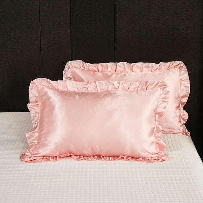 Pink Satin Pillowcases with Romantic Blush Ruffle, Silky Satin Pillow Cover 2 Pack, Super Smooth Lightweight, Farmhouse Lace Fringed Blush Pillow Shames, 20X40 Inches