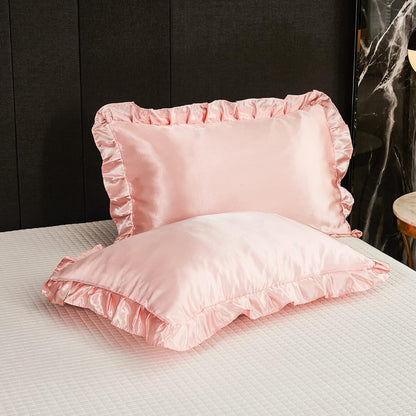 Pink Satin Pillowcases with Romantic Blush Ruffle, Silky Satin Pillow Cover 2 Pack, Super Smooth Lightweight, Farmhouse Lace Fringed Blush Pillow Shames, 20X40 Inches