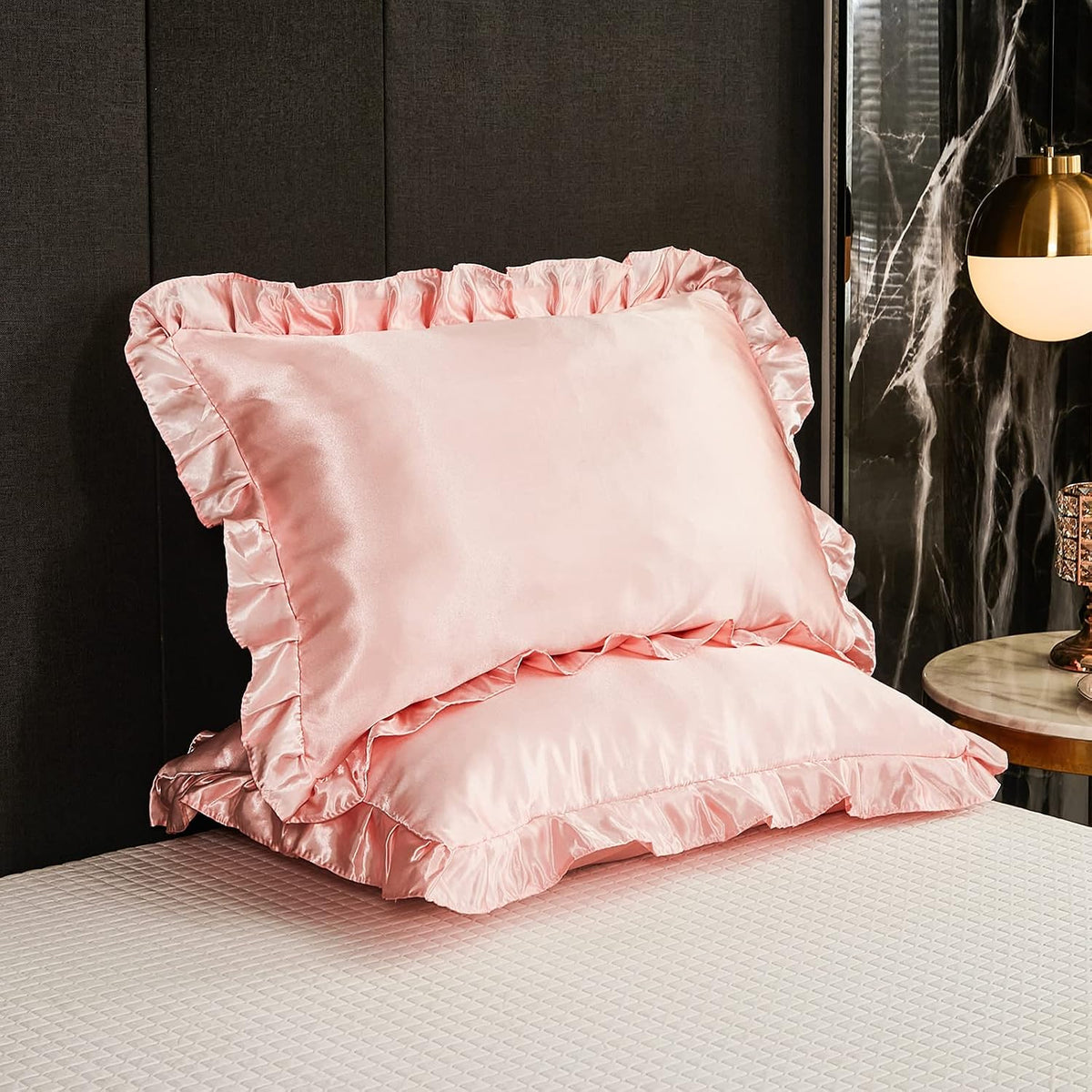Pink Satin Pillowcases with Romantic Blush Ruffle, Silky Satin Pillow Cover 2 Pack, Super Smooth Lightweight, Farmhouse Lace Fringed Blush Pillow Shames, 20X40 Inches