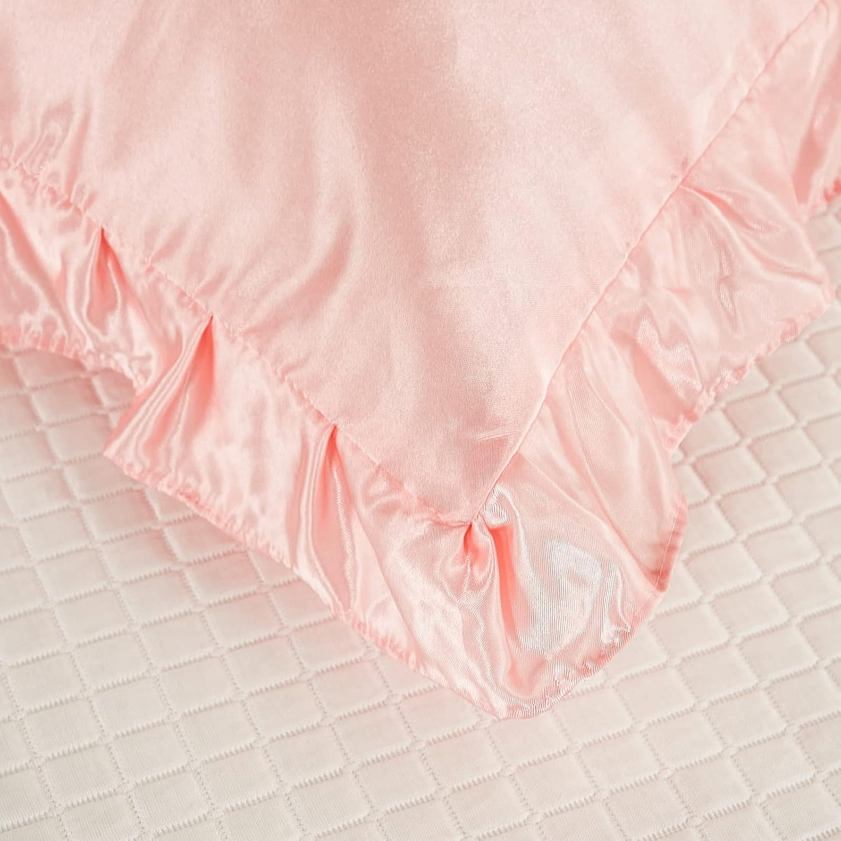 Pink Satin Pillowcases with Romantic Blush Ruffle, Silky Satin Pillow Cover 2 Pack, Super Smooth Lightweight, Farmhouse Lace Fringed Blush Pillow Shames, 20X40 Inches