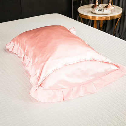 Pink Satin Pillowcases with Romantic Blush Ruffle, Silky Satin Pillow Cover 2 Pack, Super Smooth Lightweight, Farmhouse Lace Fringed Blush Pillow Shames, 20X40 Inches
