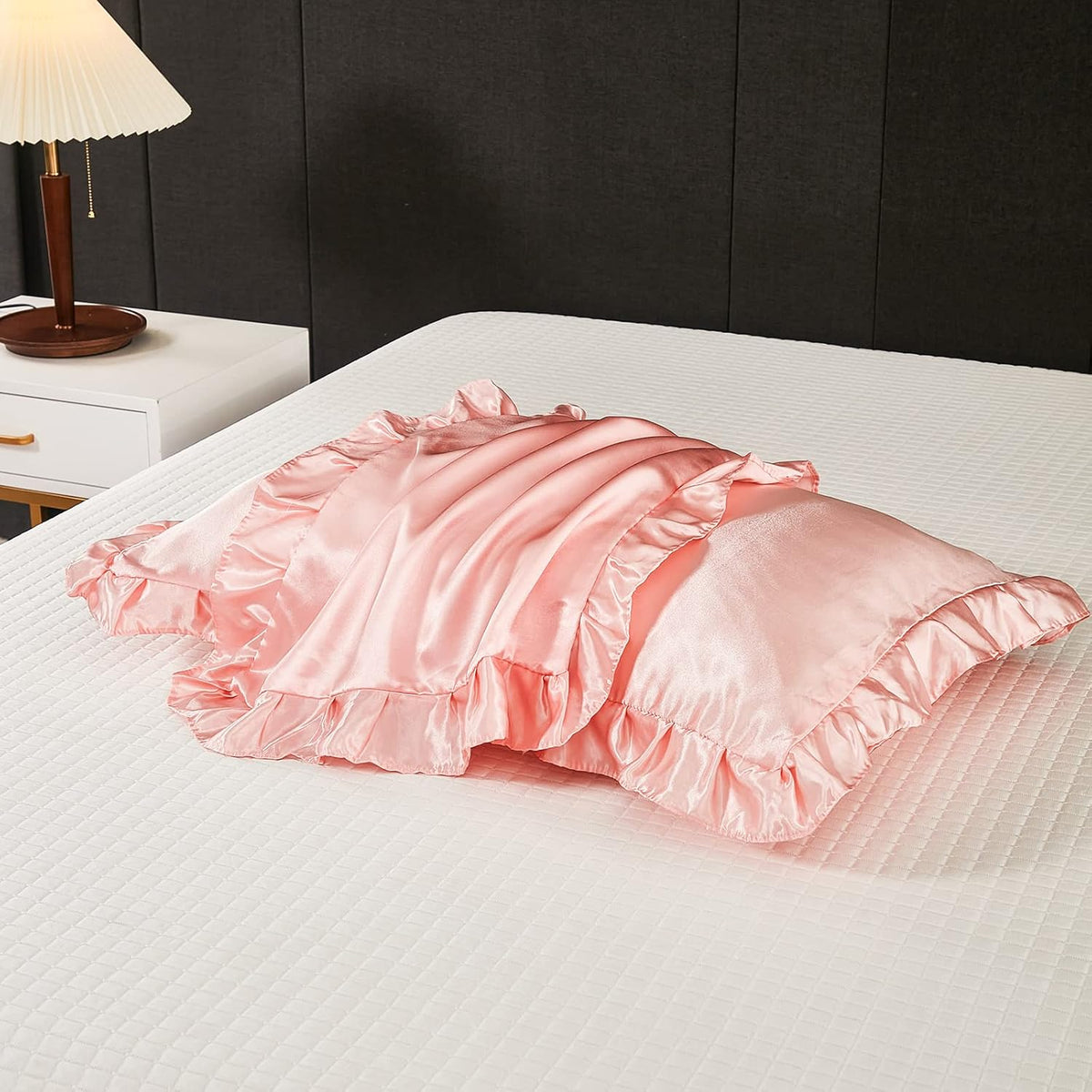 Pink Satin Pillowcases with Romantic Blush Ruffle, Silky Satin Pillow Cover 2 Pack, Super Smooth Lightweight, Farmhouse Lace Fringed Blush Pillow Shames, 20X40 Inches
