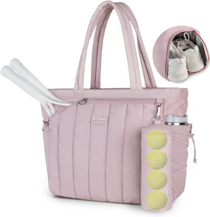 Quilted Tennis Tote Bag for Women Gym Duffle Bag with Shoe Compartment & Wet Pocket Fits 2-4 Rackets and 15.6" Laptop Overnight Weekend Sports Bag with Fence Hook(Large size)