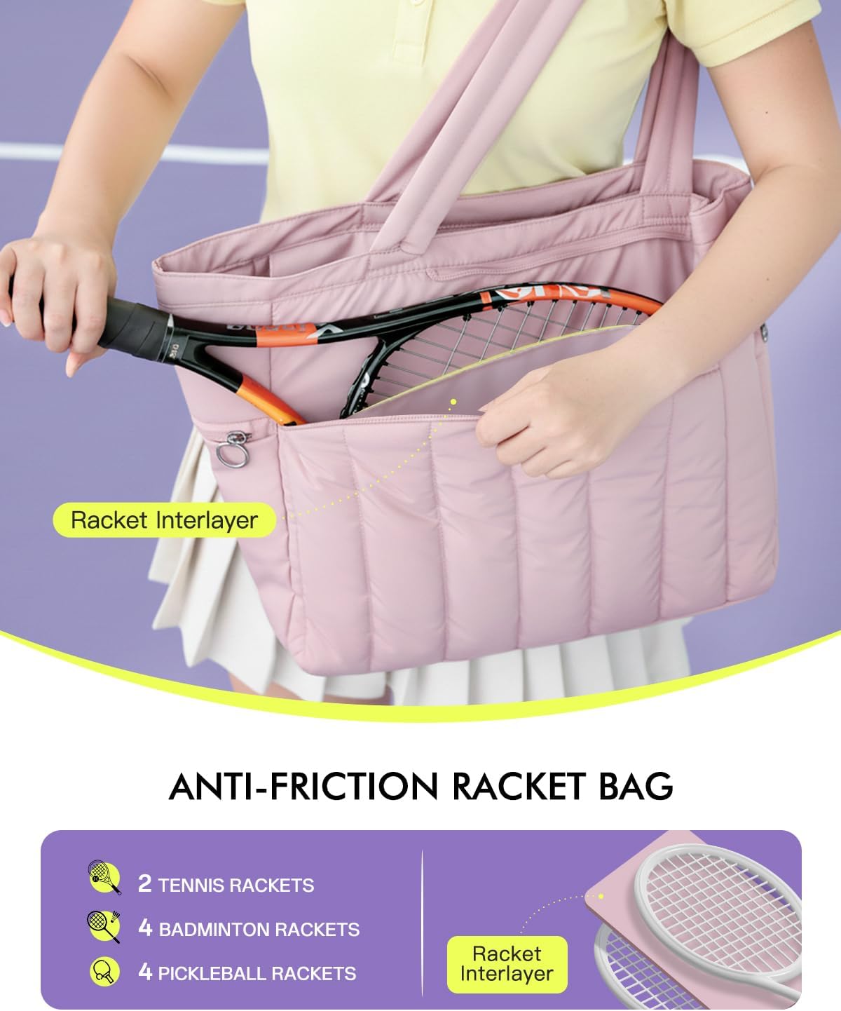 Quilted Tennis Tote Bag for Women Gym Duffle Bag with Shoe Compartment & Wet Pocket Fits 2-4 Rackets and 15.6" Laptop Overnight Weekend Sports Bag with Fence Hook(Large size)