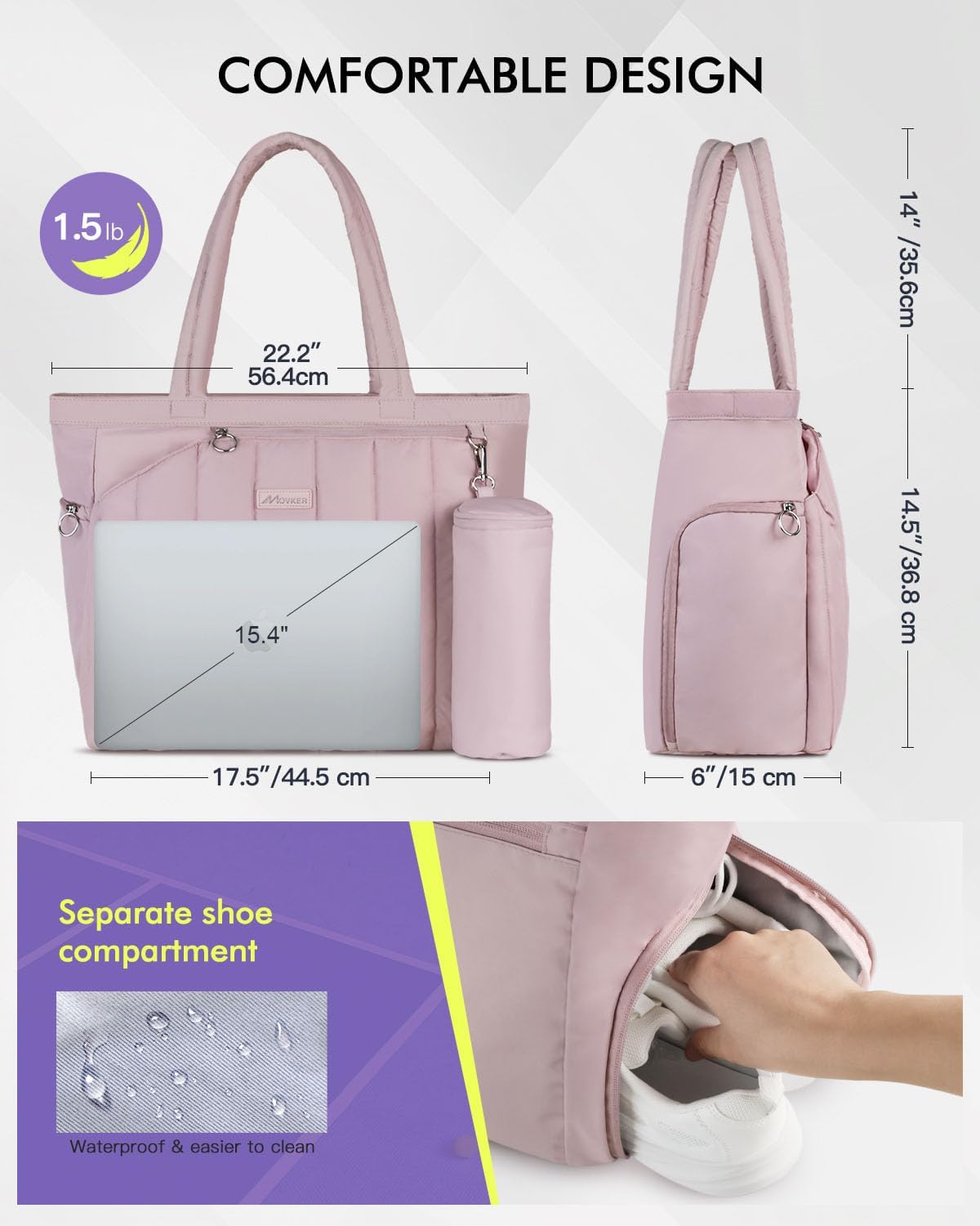 Quilted Tennis Tote Bag for Women Gym Duffle Bag with Shoe Compartment & Wet Pocket Fits 2-4 Rackets and 15.6" Laptop Overnight Weekend Sports Bag with Fence Hook(Large size)