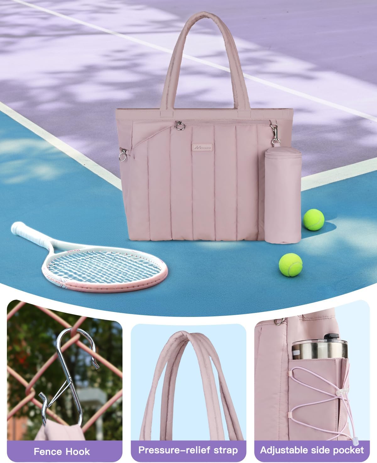 Quilted Tennis Tote Bag for Women Gym Duffle Bag with Shoe Compartment & Wet Pocket Fits 2-4 Rackets and 15.6" Laptop Overnight Weekend Sports Bag with Fence Hook(Large size)