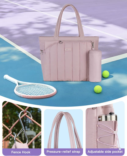 Quilted Tennis Tote Bag for Women Gym Duffle Bag with Shoe Compartment & Wet Pocket Fits 2-4 Rackets and 15.6" Laptop Overnight Weekend Sports Bag with Fence Hook(Large size)