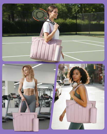 Quilted Tennis Tote Bag for Women Gym Duffle Bag with Shoe Compartment & Wet Pocket Fits 2-4 Rackets and 15.6" Laptop Overnight Weekend Sports Bag with Fence Hook(Large size)