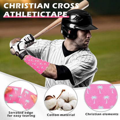 1 Pcs Wrist Tape Baseball Cross Christian Athletic Tape 2in x 23ft Sports Wrap Cotton for Football Hockey Soccer Baseball Fingers Ankles Wrist Injury Wrap (Coconut Tree,Pink)