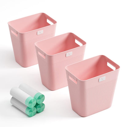 Slim Trash Can 3-Pack, 2.2 Gallon Plastic Wastebasket for Bathroom, Bedroom, Office, Kitchen with 4 Rolls Bags, Pink