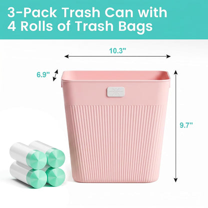 Slim Trash Can 3-Pack, 2.2 Gallon Plastic Wastebasket for Bathroom, Bedroom, Office, Kitchen with 4 Rolls Bags, Pink