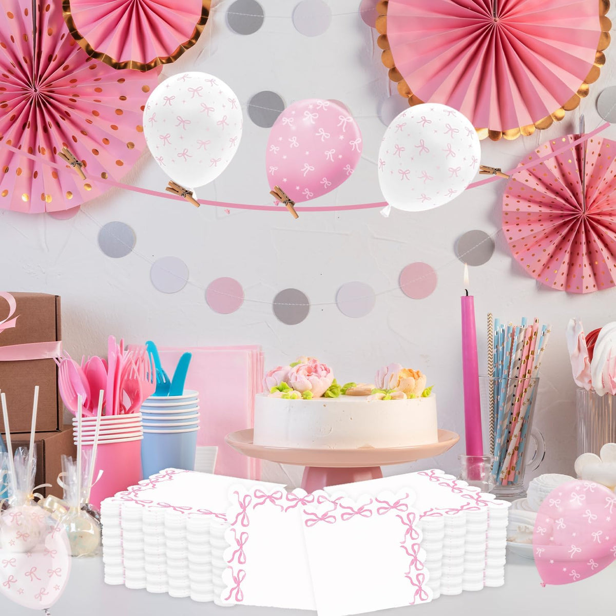 Coquette Birthday Party Supplies, 50PCS Pink Coquette Bow Party Napkins for Bachelorette Bridal Baby Shower Tea Wedding Girl Boy Bow Theme Birthday Party