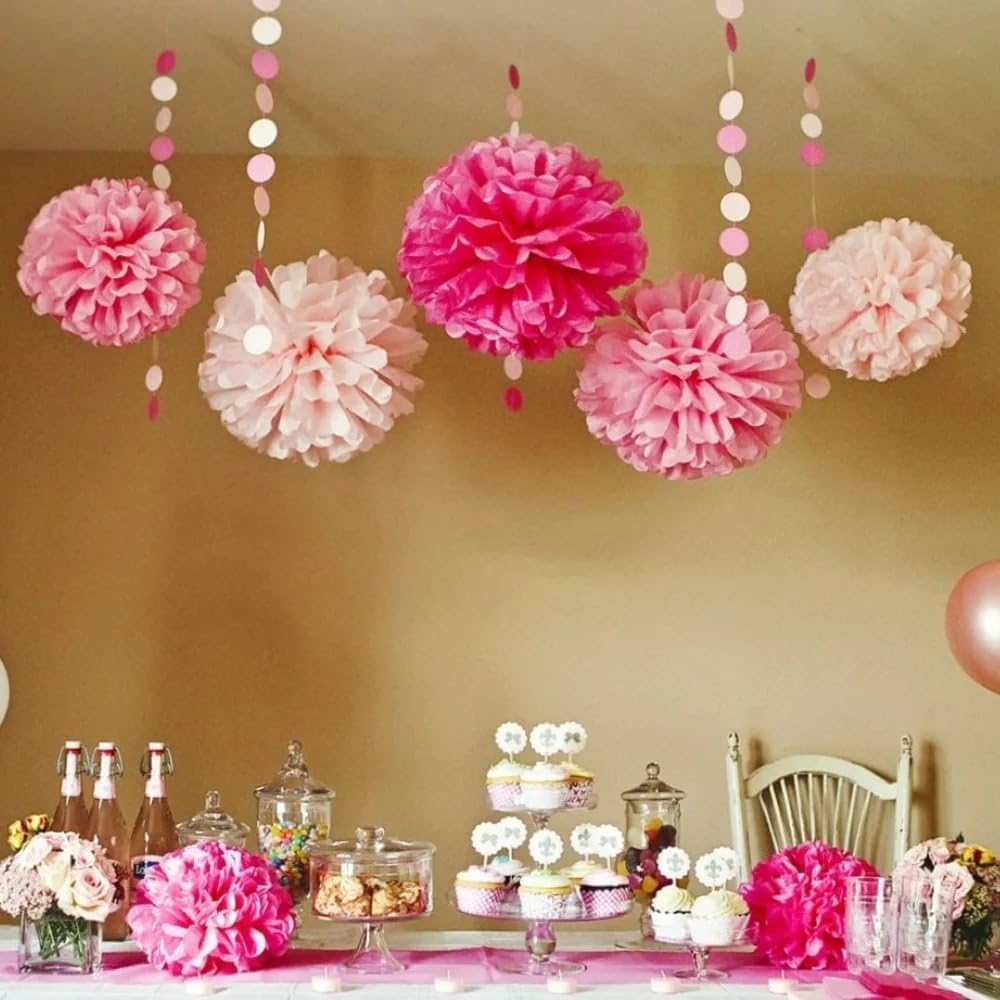 Lovely Pink Solid Hanging Tissue Pom Poms,16", Elegant & Versatile Decor - Perfect for Weddings, Baby Showers, Parties & Events