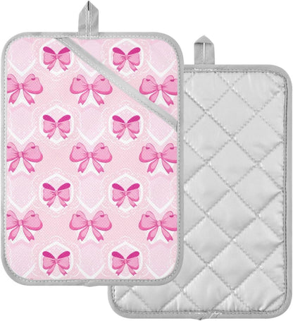 Light Pink Bows Pot Holders for Kitchen Heat-Resistant Potholders Oven Hot Pads 2 Pack Set