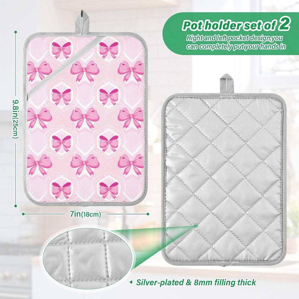 Light Pink Bows Pot Holders for Kitchen Heat-Resistant Potholders Oven Hot Pads 2 Pack Set