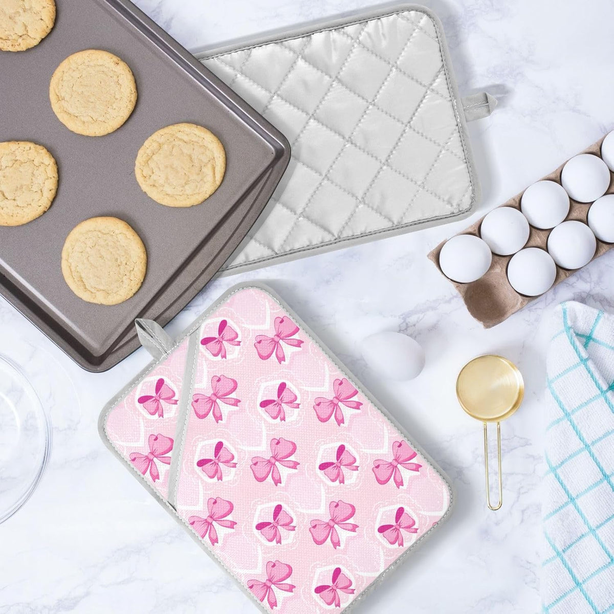 Light Pink Bows Pot Holders for Kitchen Heat-Resistant Potholders Oven Hot Pads 2 Pack Set