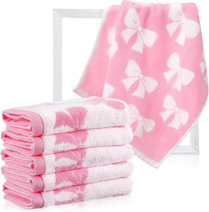 6 Pcs Pink Bow Washcloths 100% Cotton Wash Cloths 13" x 13" Coquette Small Face Towels Absorbent Soft Hand Bath Towels for Bathroom, Spa, Kitchen Drying Cleaning(Cute Style)