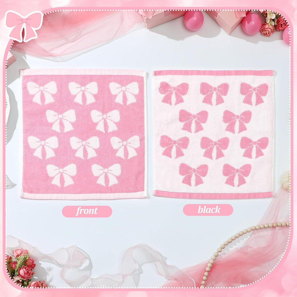 6 Pcs Pink Bow Washcloths 100% Cotton Wash Cloths 13" x 13" Coquette Small Face Towels Absorbent Soft Hand Bath Towels for Bathroom, Spa, Kitchen Drying Cleaning(Cute Style)
