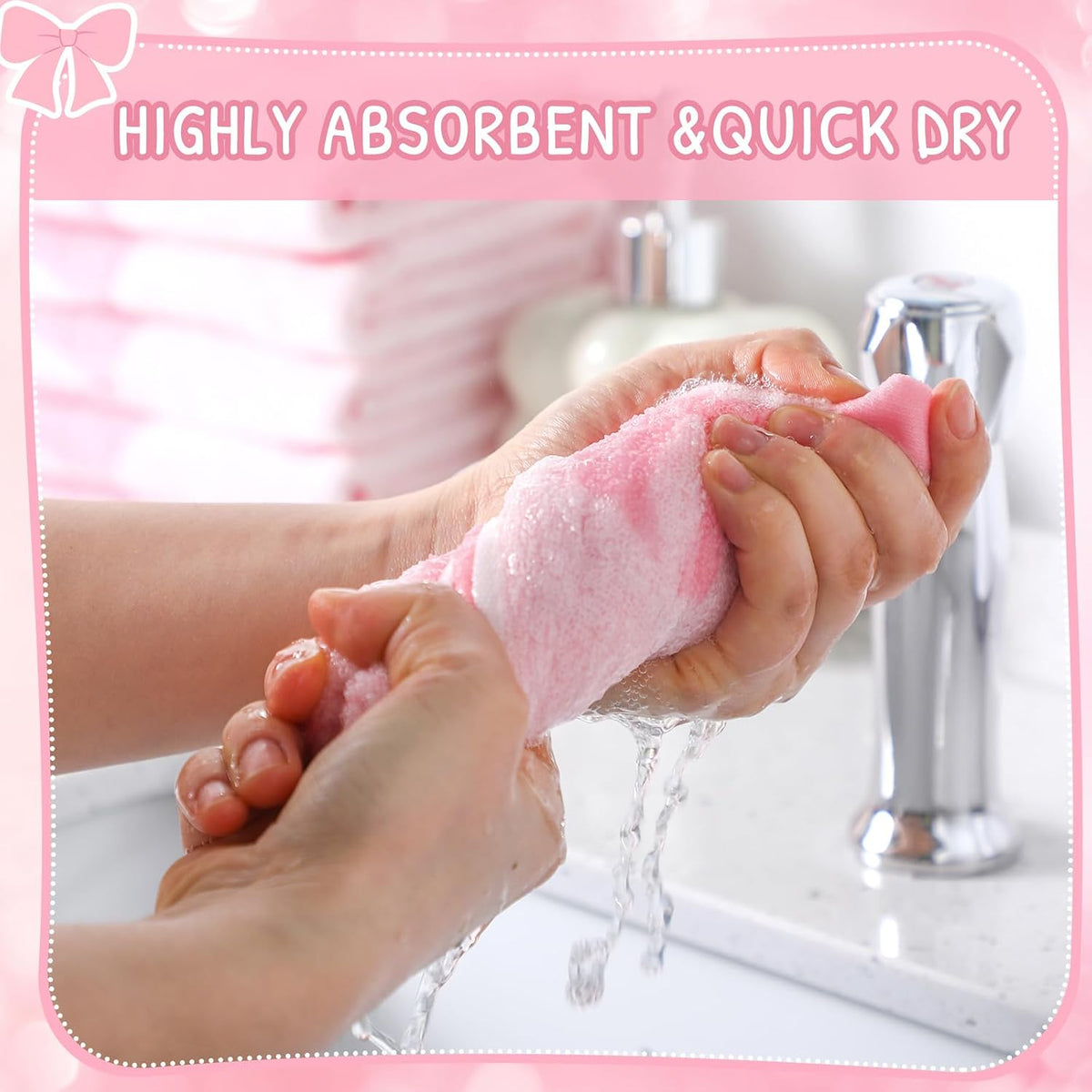 6 Pcs Pink Bow Washcloths 100% Cotton Wash Cloths 13" x 13" Coquette Small Face Towels Absorbent Soft Hand Bath Towels for Bathroom, Spa, Kitchen Drying Cleaning(Cute Style)