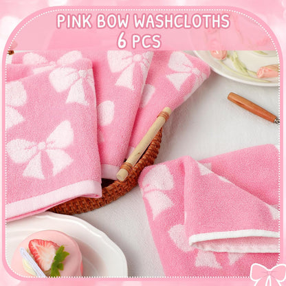 6 Pcs Pink Bow Washcloths 100% Cotton Wash Cloths 13" x 13" Coquette Small Face Towels Absorbent Soft Hand Bath Towels for Bathroom, Spa, Kitchen Drying Cleaning(Cute Style)
