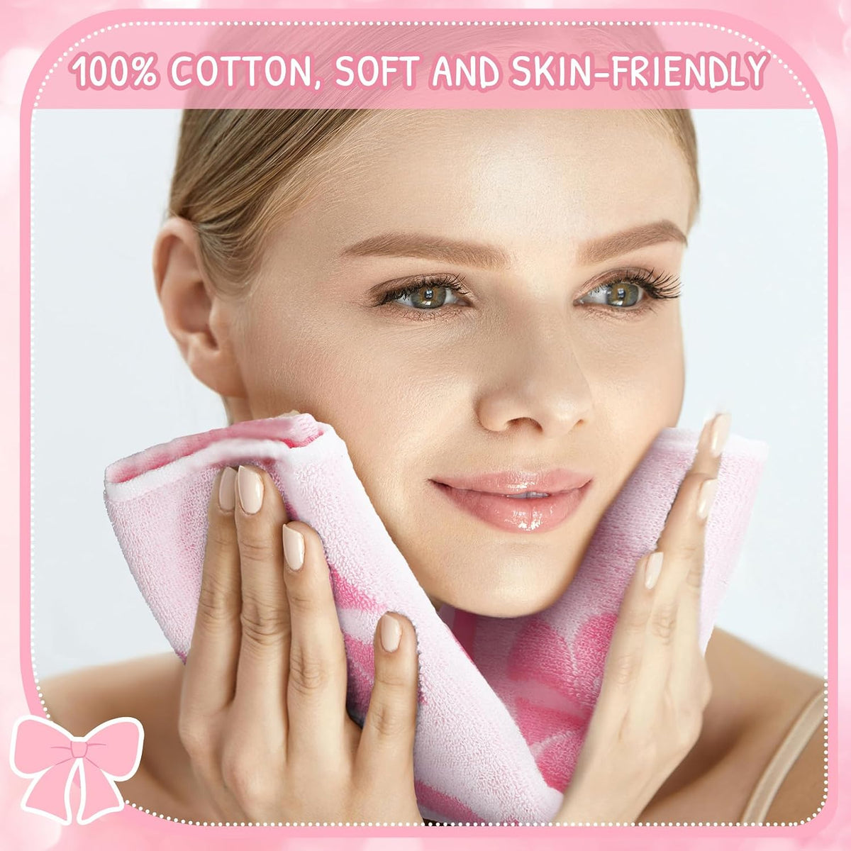 6 Pcs Pink Bow Washcloths 100% Cotton Wash Cloths 13" x 13" Coquette Small Face Towels Absorbent Soft Hand Bath Towels for Bathroom, Spa, Kitchen Drying Cleaning(Cute Style)
