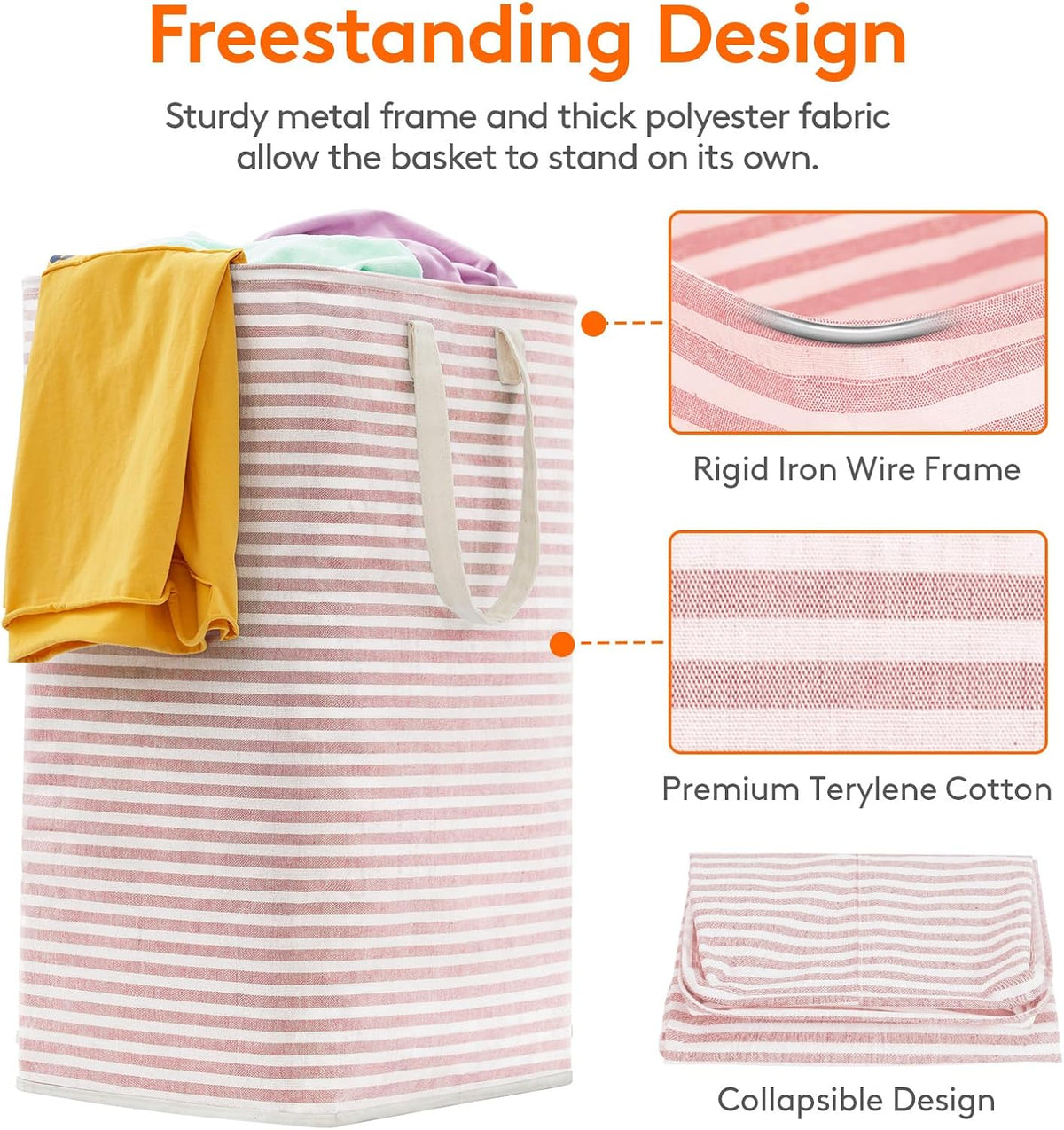 80L Large Laundry Baskets, 2 Pack, Reinforced Handles, Pink