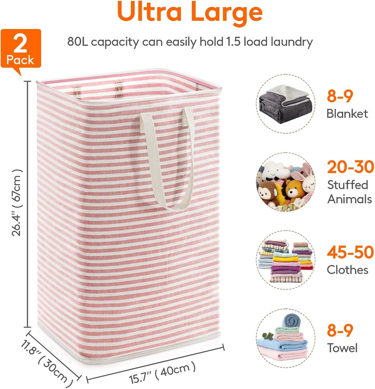 80L Large Laundry Baskets, 2 Pack, Reinforced Handles, Pink