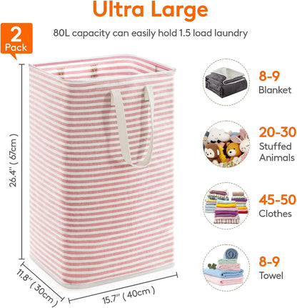 80L Large Laundry Baskets, 2 Pack, Reinforced Handles, Pink