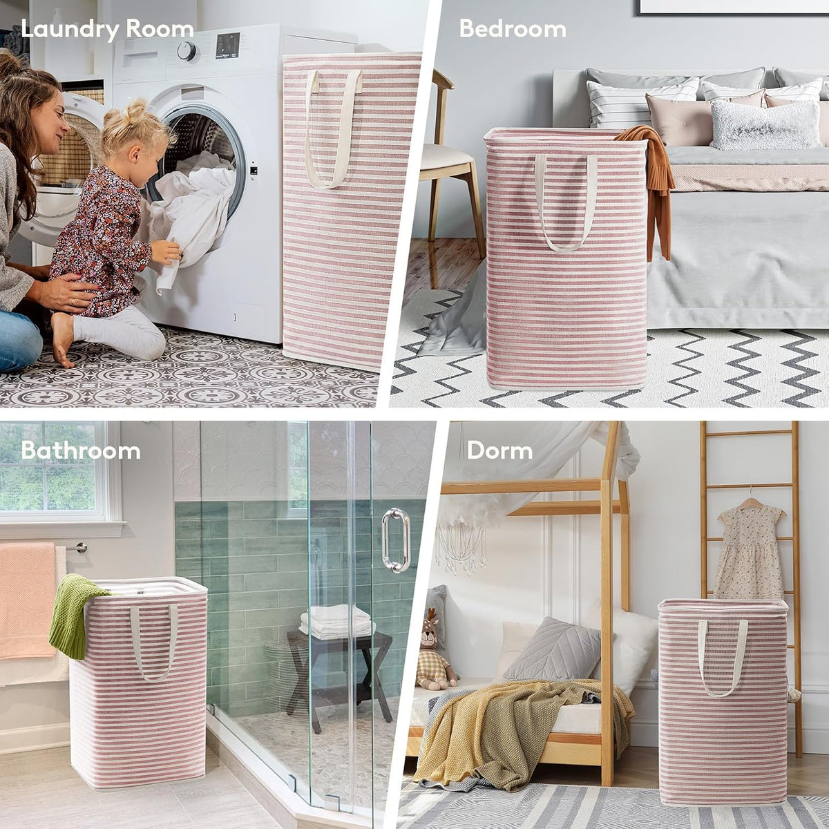 80L Large Laundry Baskets, 2 Pack, Reinforced Handles, Pink