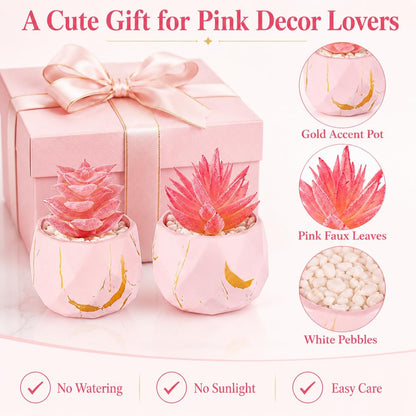 2 Pack Small Fake Succulents in Pink Pots for Office Desk Decor