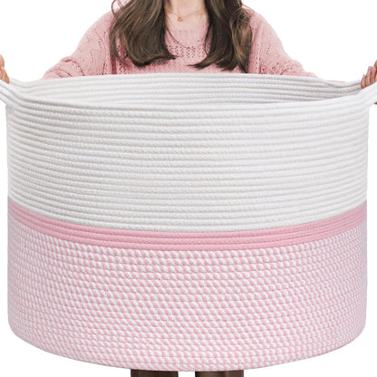 XXL Cotton Rope Woven Blanket Basket with Handles, Pink