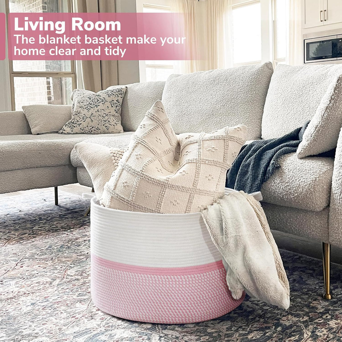 XXL Cotton Rope Woven Blanket Basket with Handles, Pink