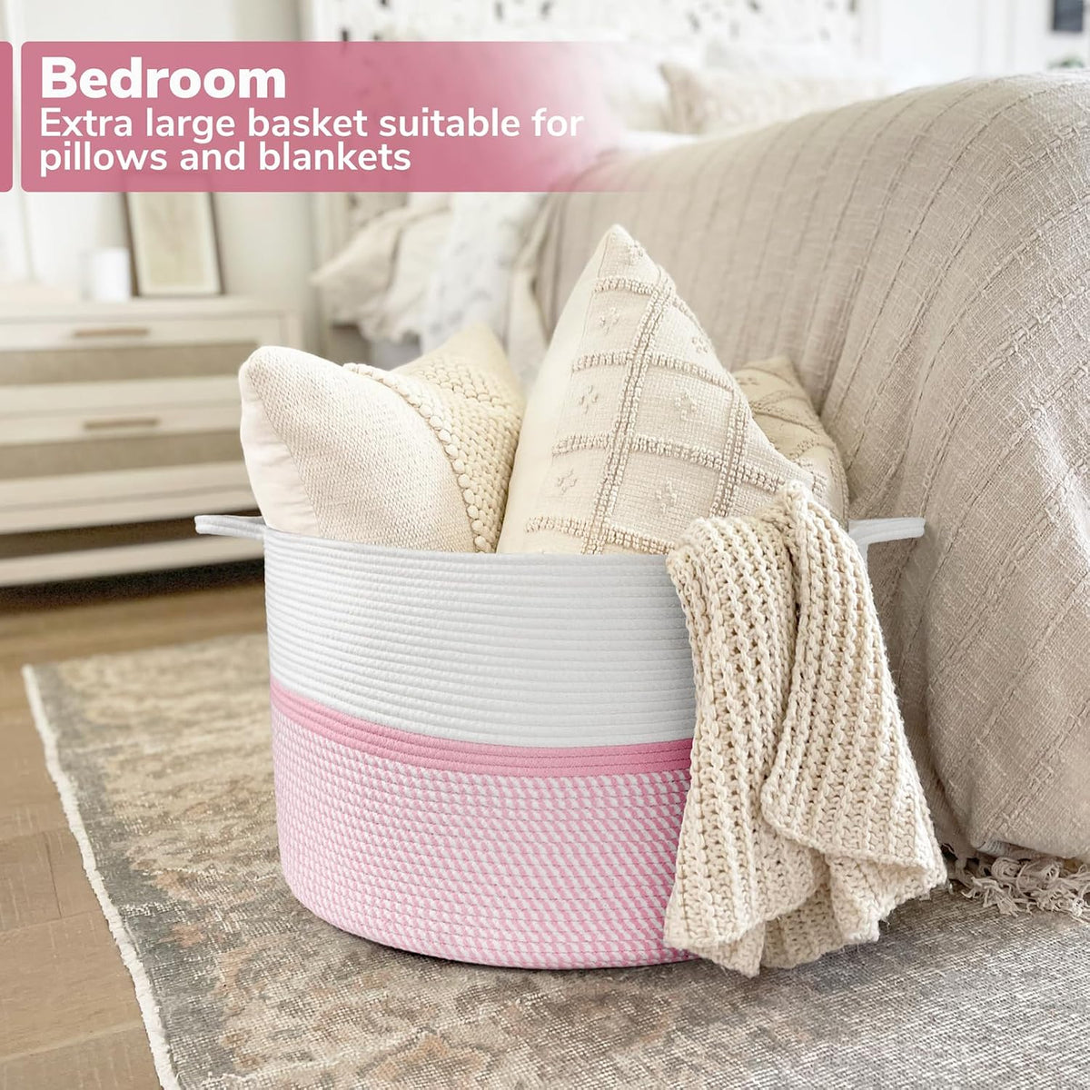 XXL Cotton Rope Woven Blanket Basket with Handles, Pink