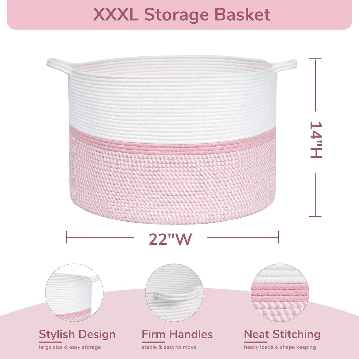XXL Cotton Rope Woven Blanket Basket with Handles, Pink