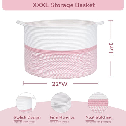 XXL Cotton Rope Woven Blanket Basket with Handles, Pink
