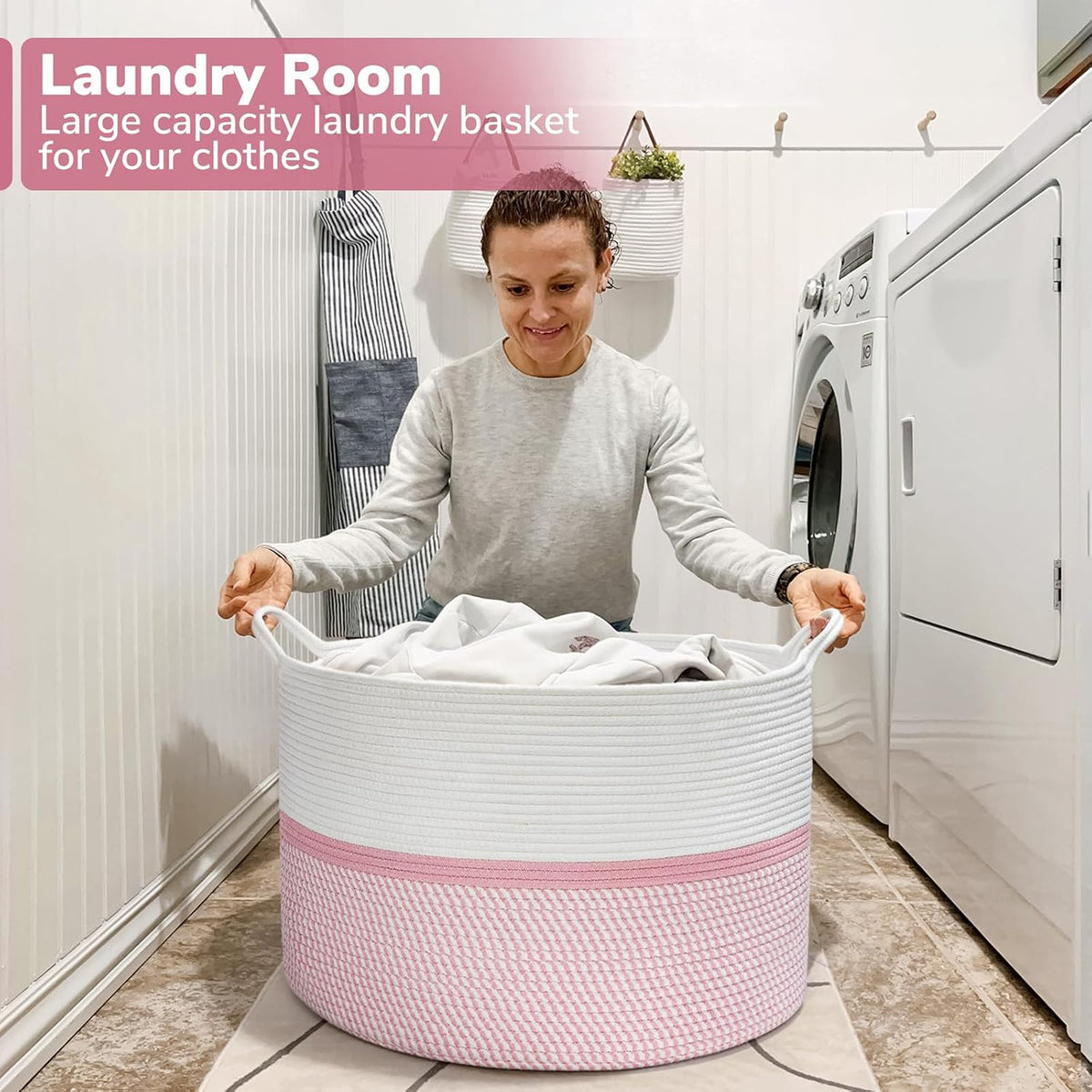 XXL Cotton Rope Woven Blanket Basket with Handles, Pink