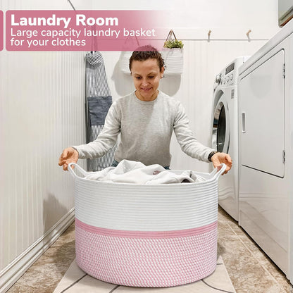 XXL Cotton Rope Woven Blanket Basket with Handles, Pink