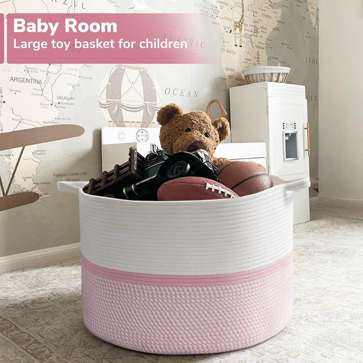 XXL Cotton Rope Woven Blanket Basket with Handles, Pink