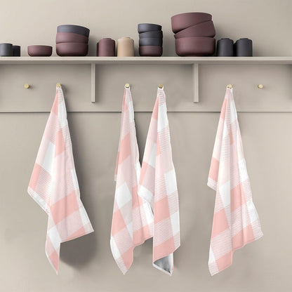 Pastel Pink White Plaid Dish Cloths and Towels, 28x18 Inches Absorbent Kitchen Towel Decor, Set of 4