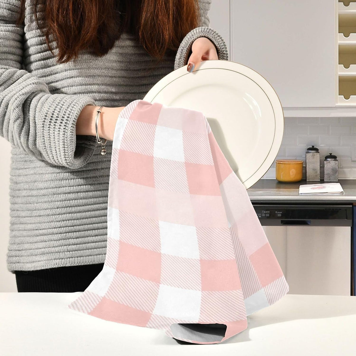 Pastel Pink White Plaid Dish Cloths and Towels, 28x18 Inches Absorbent Kitchen Towel Decor, Set of 4