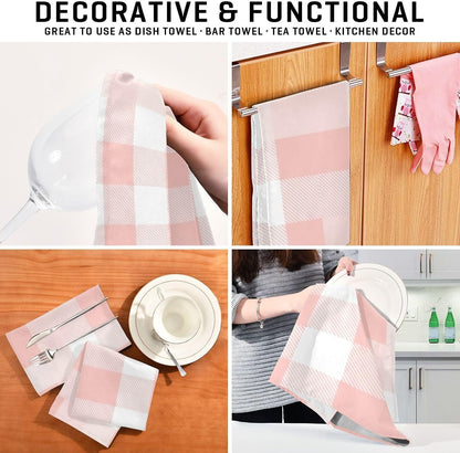 Pastel Pink White Plaid Dish Cloths and Towels, 28x18 Inches Absorbent Kitchen Towel Decor, Set of 4