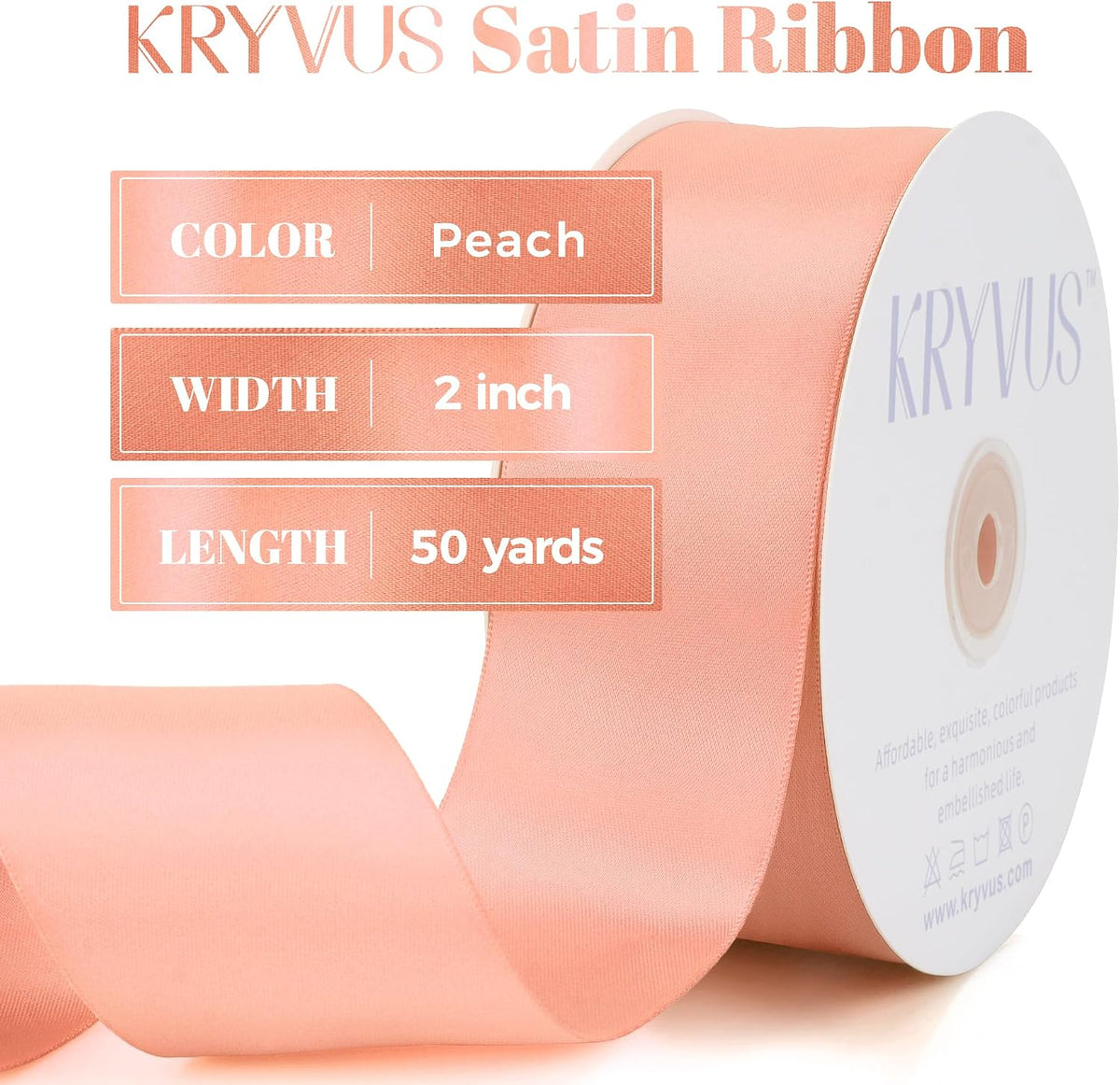 Peach Satin Ribbon, Double Faced 2 Inch X 50 Yards Peach Ribbon, Premium Satin Ribbons for Gift Wrapping, Crafts, Hair Bow Making, Sewing, Flower Bouquet, Wedding Party Decor