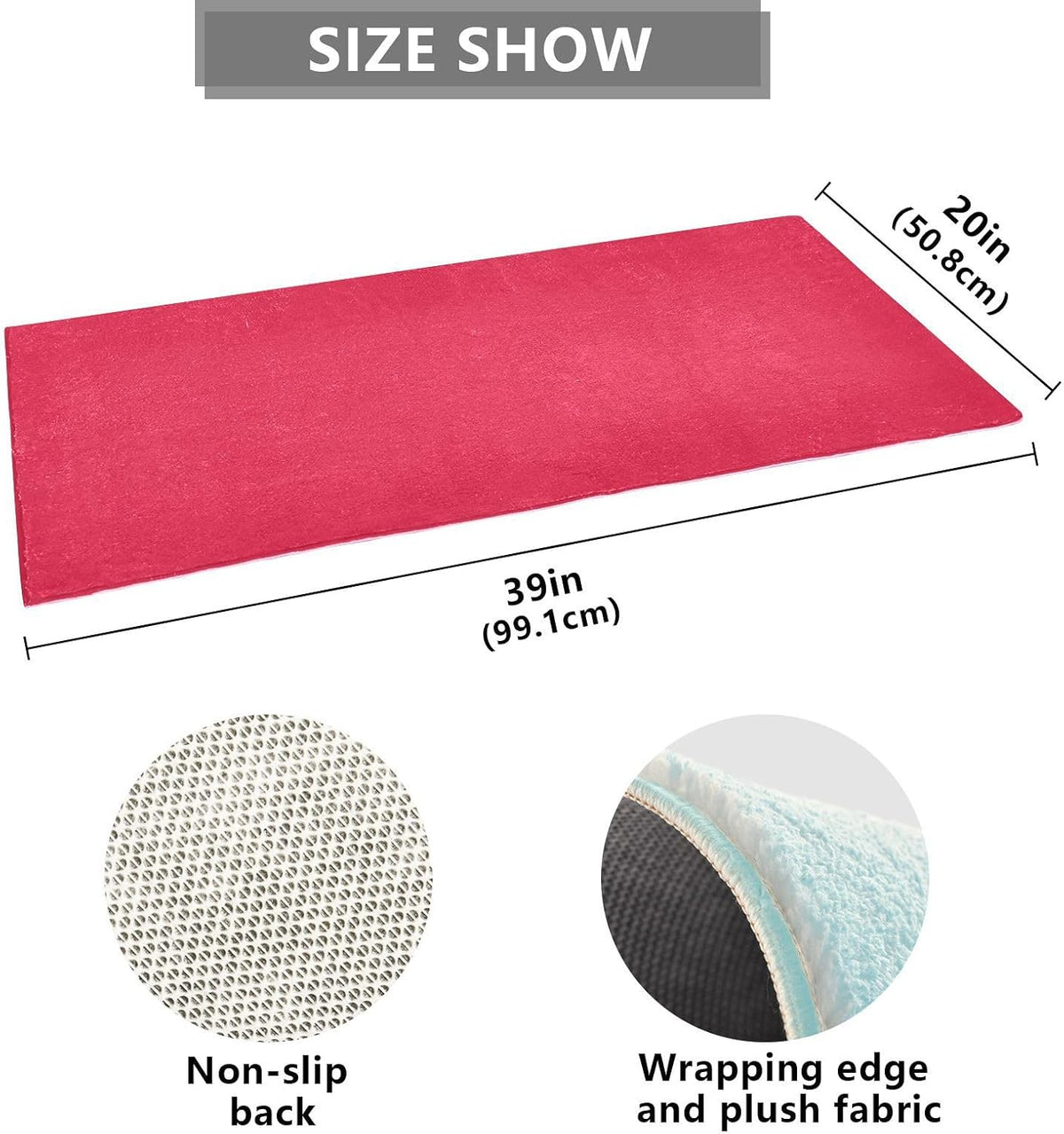 Pink Solid Color Bath Mat 39x20 Inch, Soft Absorbent Plush Rug, Non-Slip Washable Floor Mat for Bathroom Bedroom Kitchen Entryway Carpet