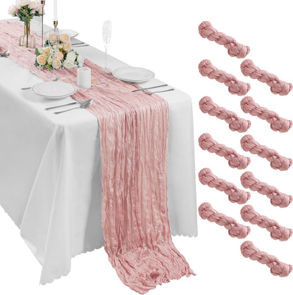 12 Pack Cheesecloth Table Runner 17x108 Inch Long Gauze Cheese Cloth 9ft Wrinkled Sheer Table Runner for Wedding Reception Birthday Party Table Decoration (Dusty Pink)