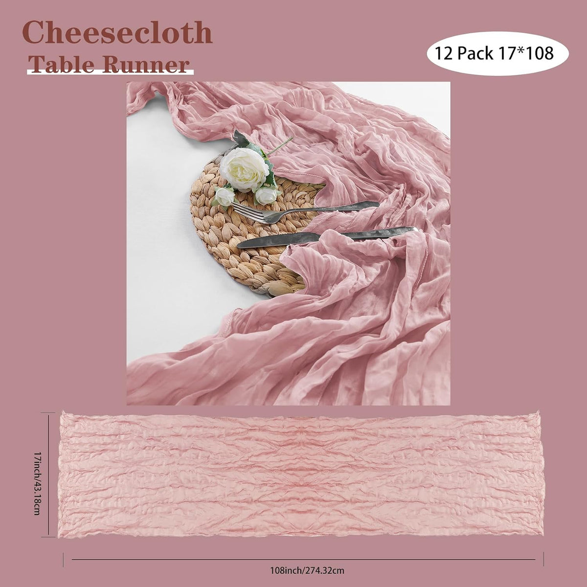 12 Pack Cheesecloth Table Runner 17x108 Inch Long Gauze Cheese Cloth 9ft Wrinkled Sheer Table Runner for Wedding Reception Birthday Party Table Decoration (Dusty Pink)