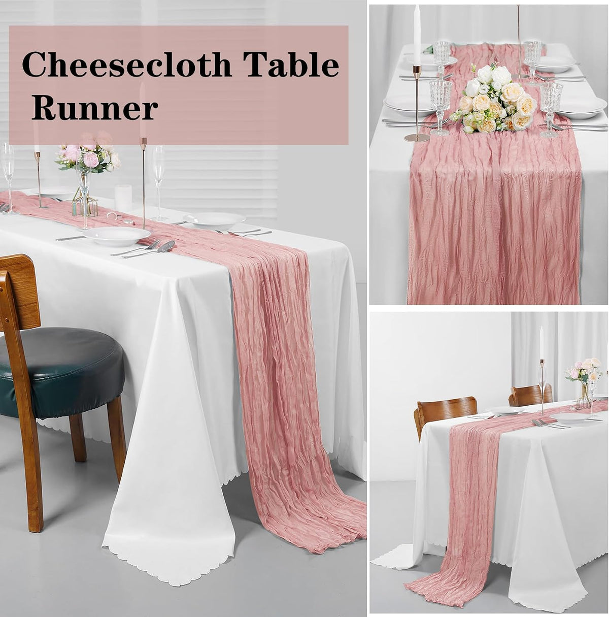 12 Pack Cheesecloth Table Runner 17x108 Inch Long Gauze Cheese Cloth 9ft Wrinkled Sheer Table Runner for Wedding Reception Birthday Party Table Decoration (Dusty Pink)
