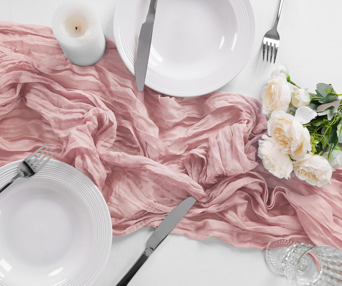 12 Pack Cheesecloth Table Runner 17x108 Inch Long Gauze Cheese Cloth 9ft Wrinkled Sheer Table Runner for Wedding Reception Birthday Party Table Decoration (Dusty Pink)