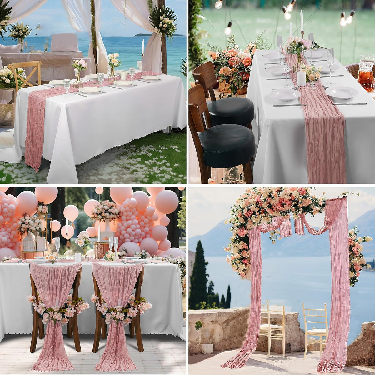 12 Pack Cheesecloth Table Runner 17x108 Inch Long Gauze Cheese Cloth 9ft Wrinkled Sheer Table Runner for Wedding Reception Birthday Party Table Decoration (Dusty Pink)