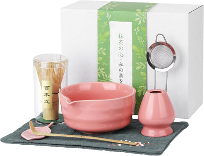 Matcha Whisk Set, Traditional Matcha Kit Includes Matcha Bowl, Pink Whisk with Holder, Scoop, Scoop Rest, Sifter, and Tea Cloth – 7 Piece Matcha Whisk Set, Gift Set for Tea Enthusiasts