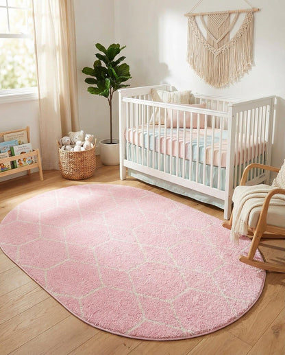 Lattice Frieze Rug – 4' 1 x 6' 1 Oval Light Pink Easy-Clean Area Rug – Modern Trellis Pattern, Soft for Bedrooms and Nurseries